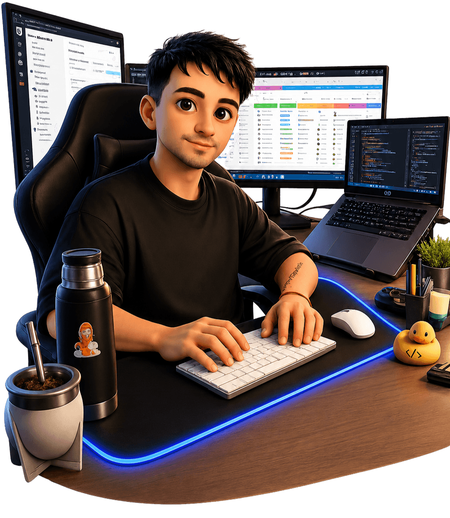 Agustín, desarrollador freelance, trabajando en su escritorio