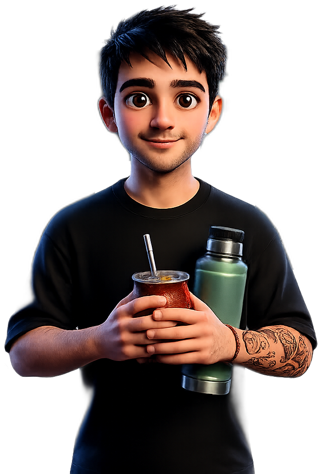 Agustín, desarrollador freelance, con su mate
